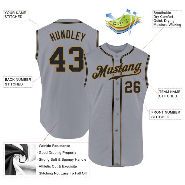 Custom Gray Black-Old Gold Authentic Sleeveless Baseball Jersey - Image 2
